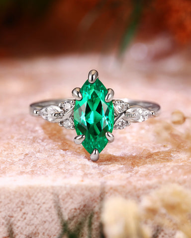 TWILA Vintage Marquise Cut Green Emerald Twist Cluster Engagement Ring