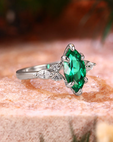 TWILA Vintage Marquise Cut Green Emerald Twist Cluster Engagement Ring