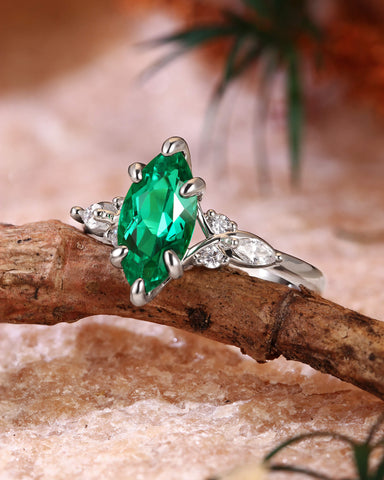 TWILA Vintage Marquise Cut Green Emerald Twist Cluster Engagement Ring