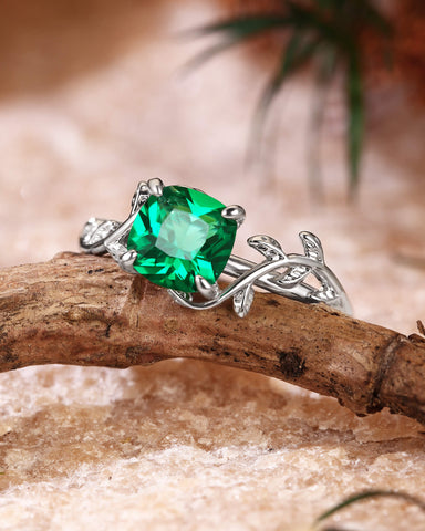 TIVONA Nature Inspired Cushion Cut Emerald Leafy Twist Engagement Ring