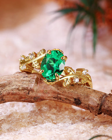 FABIOLA Nature Inspired Oval Cut Emerald Leafy Engagement Ring