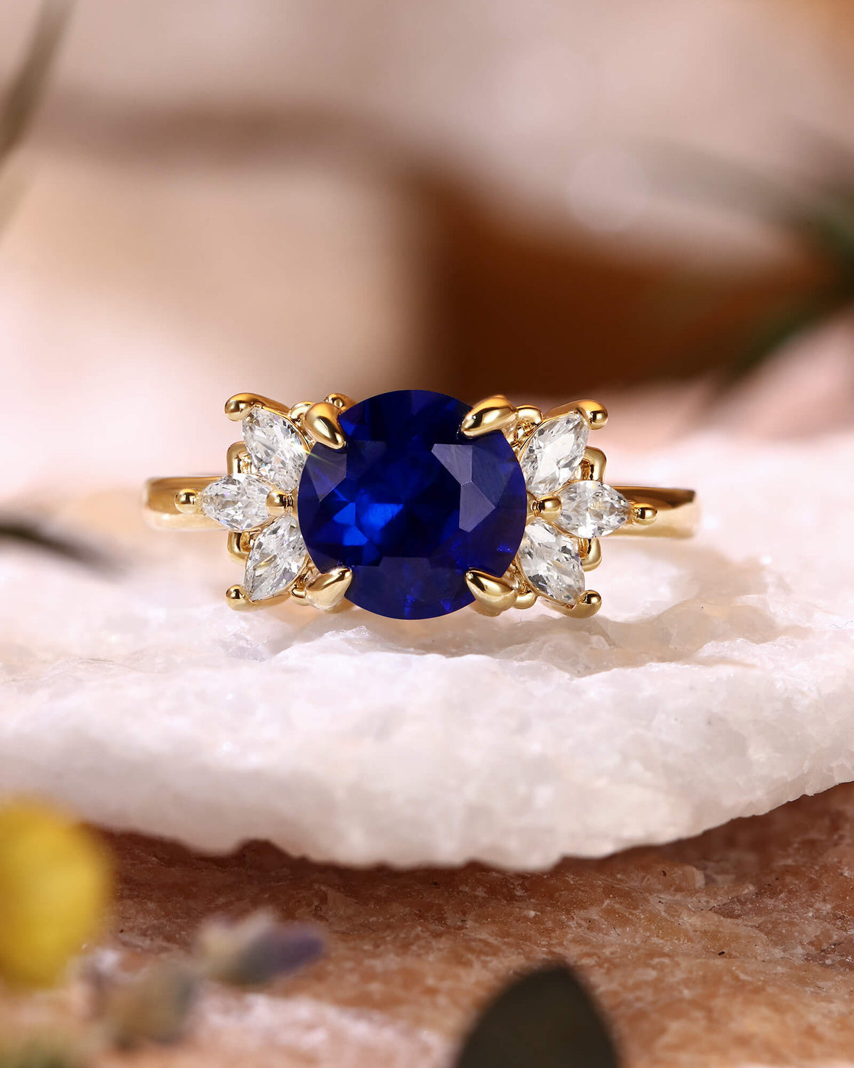ROSINE Leafy Cluster Round Cut Sapphire Engagement Ring