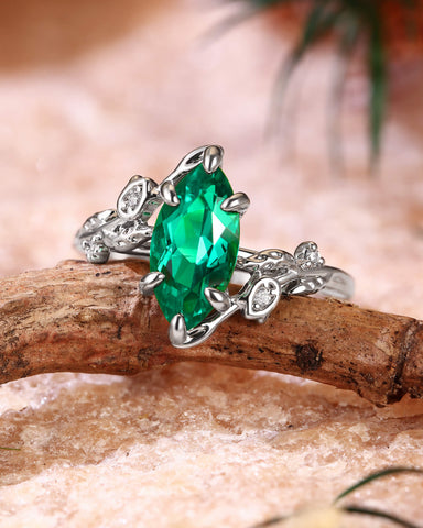 FLORENTINA Marquise Cut Emerald Leafy Floral Designs Engagement Ring