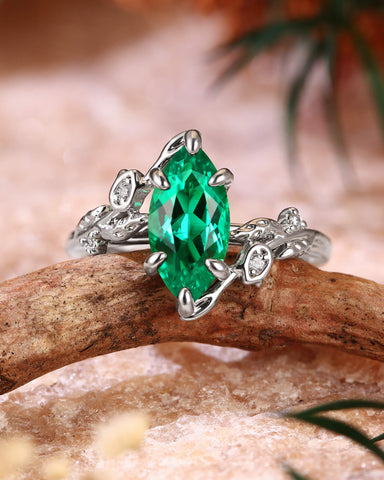 FLORENTINA Marquise Cut Emerald Leafy Floral Designs Engagement Ring