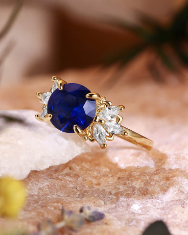 ROSINE Leafy Cluster Round Cut Sapphire Engagement Ring