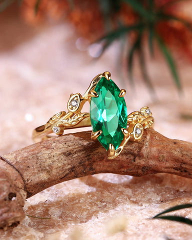 FLORENTINA Marquise Cut Emerald Leafy Floral Designs Engagement Ring