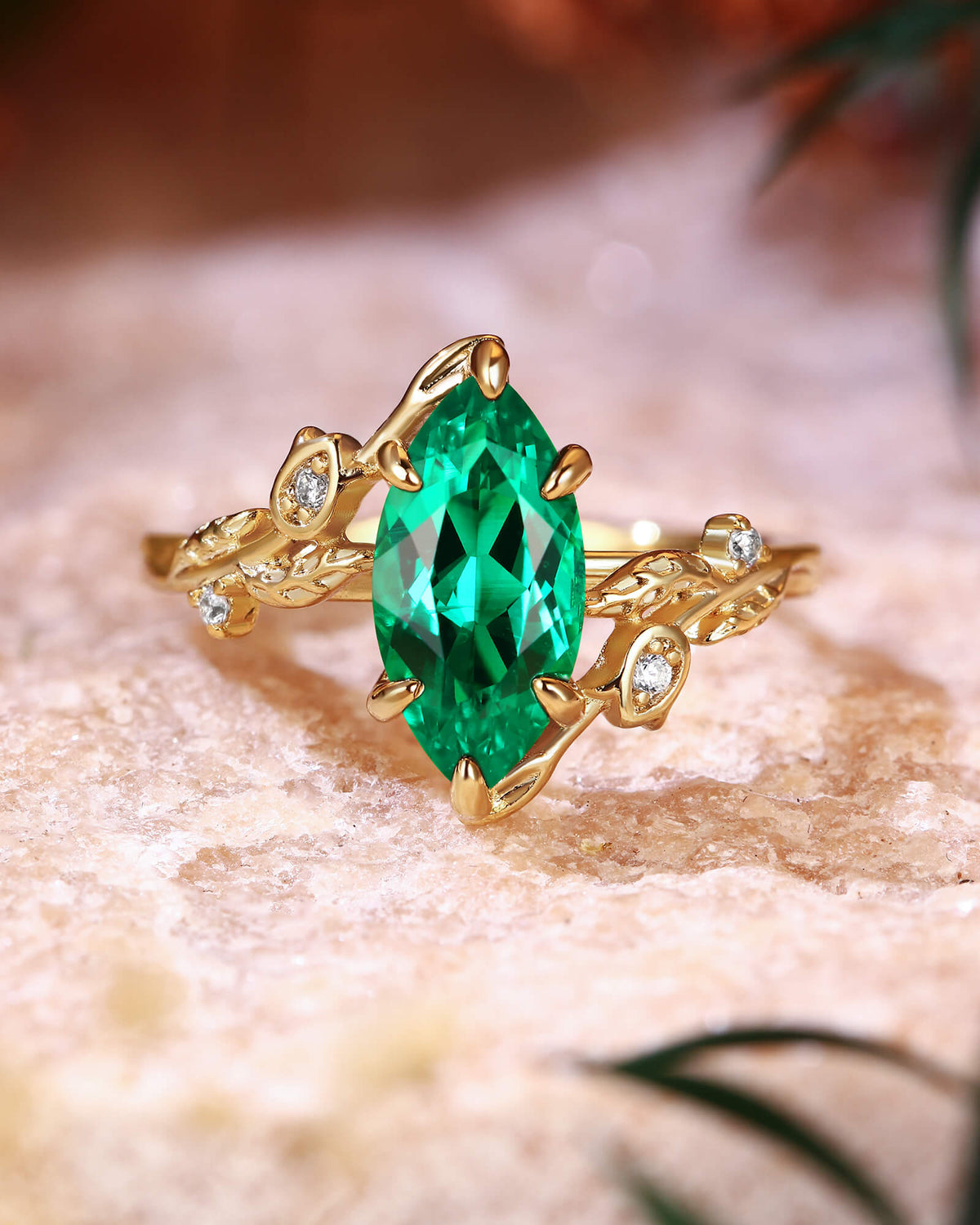 FLORENTINA Marquise Cut Emerald Leafy Floral Designs Engagement Ring