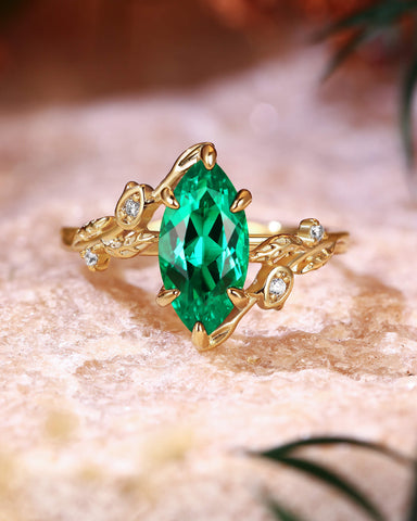 FLORENTINA Marquise Cut Emerald Leafy Floral Designs Engagement Ring