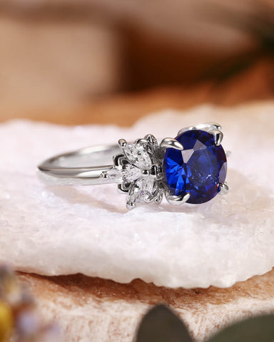 ROSINE Leafy Cluster Round Cut Sapphire Engagement Ring