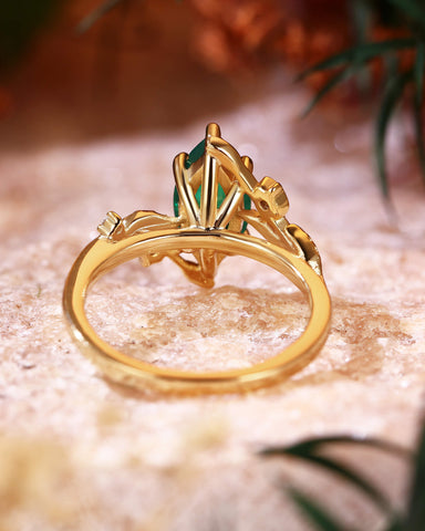 FLORENTINA Marquise Cut Emerald Leafy Floral Designs Engagement Ring