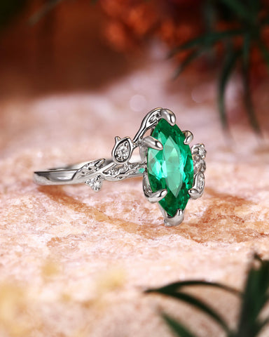 FLORENTINA Marquise Cut Emerald Leafy Floral Designs Engagement Ring