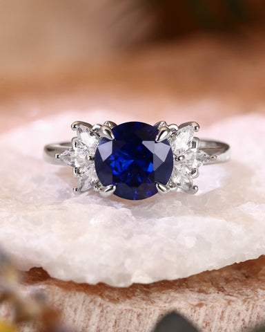 ROSINE Leafy Cluster Round Cut Sapphire Engagement Ring