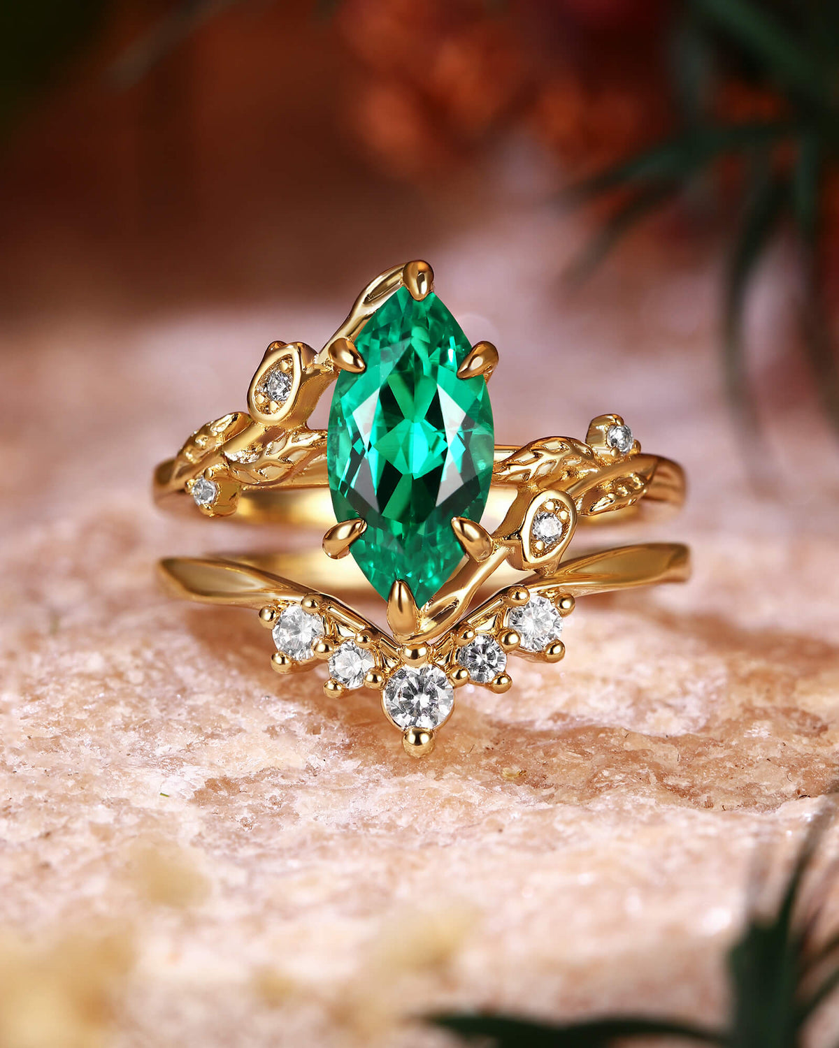 FLORENTINA Nature Inspired Marquise Cut Emerald Cluster Bridal Set 2pcs