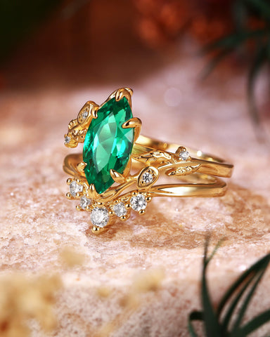 FLORENTINA Nature Inspired Marquise Cut Emerald Cluster Bridal Set 2pcs