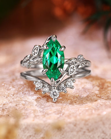 FLORENTINA Nature Inspired Marquise Cut Emerald Cluster Bridal Set 2pcs