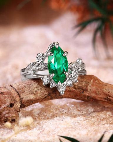 FLORENTINA Nature Inspired Marquise Cut Emerald Cluster Bridal Set 2pcs