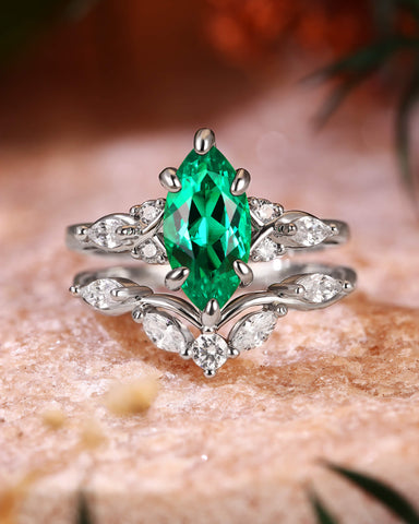 TWILA Unique Marquise Cut Emerald Twist Cluster Bridal Set 2pcs