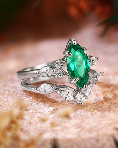 TWILA Unique Marquise Cut Emerald Twist Cluster Bridal Set 2pcs
