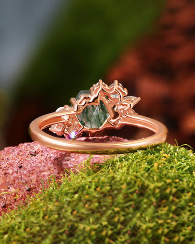 ELEANOR Hexagon Cut Moss Agate Gemstone Cluster Engagement Ring