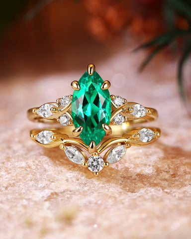 TWILA Unique Marquise Cut Emerald Twist Cluster Bridal Set 2pcs