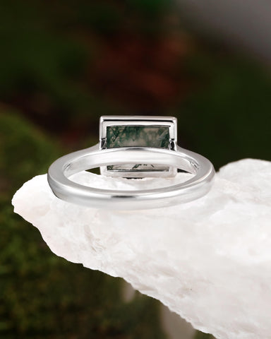 LUFLIN Baguette Shaped Moss Agate Promise Ring Bezel Solitaire Engagement Ring