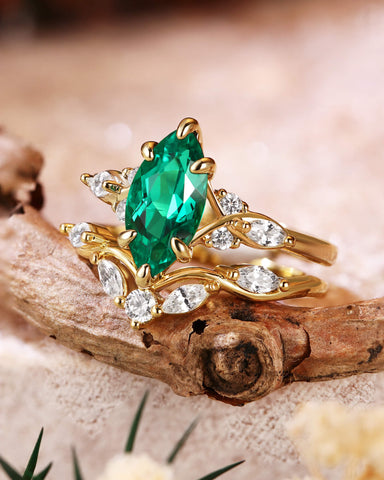 TWILA Unique Marquise Cut Emerald Twist Cluster Bridal Set 2pcs