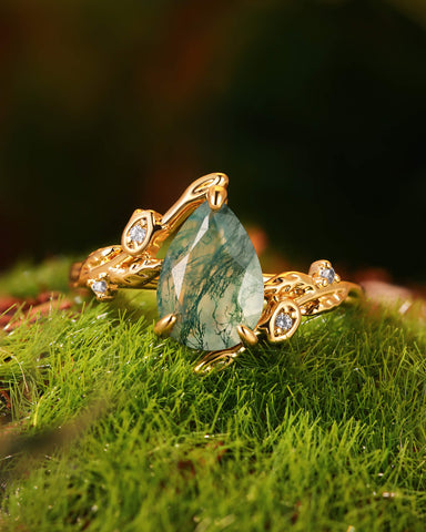 LAVANDE Pear Cut Moss Agate Vine Leafy & Flower Engagement Ring