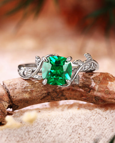 TIVONA Nature Inspired Cushion Cut Emerald Leafy Twist Engagement Ring