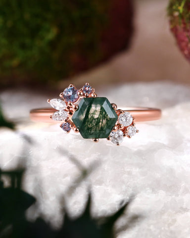 ELEANOR Hexagon Cut Moss Agate Gemstone Cluster Engagement Ring
