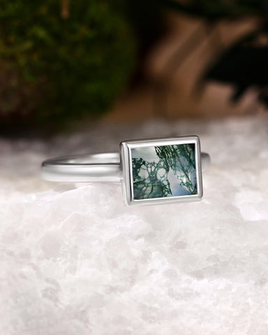 LUFLIN Baguette Shaped Moss Agate Promise Ring Bezel Solitaire Engagement Ring
