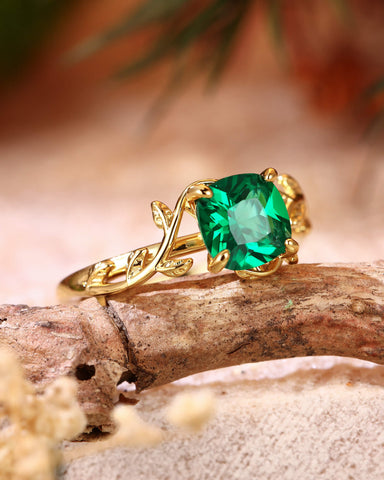TIVONA Nature Inspired Cushion Cut Emerald Leafy Twist Engagement Ring
