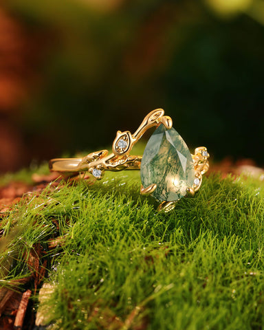 LAVANDE Pear Cut Moss Agate Vine Leafy & Flower Engagement Ring