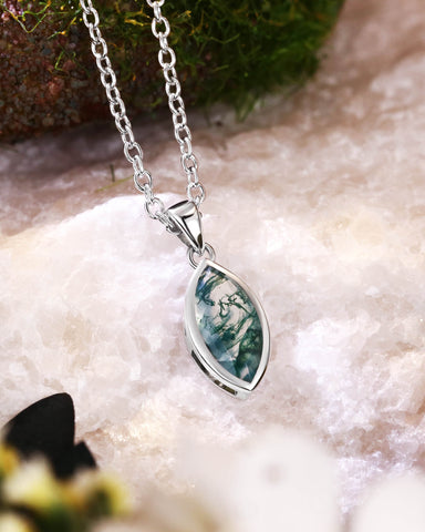 LINNEA Bezel Set Marquise Cut Moss Agate Pendant necklace