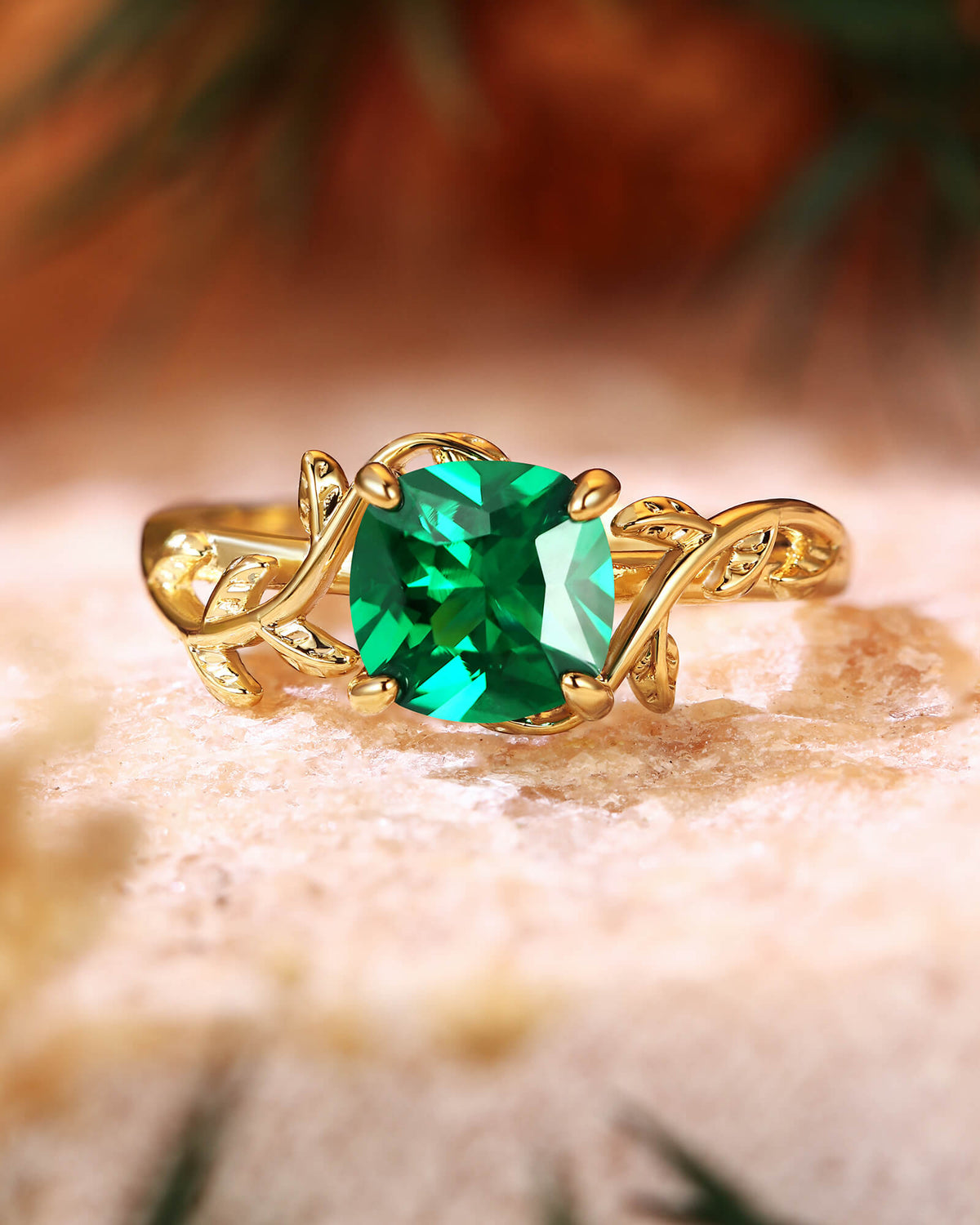 TIVONA Nature Inspired Cushion Cut Emerald Leafy Twist Engagement Ring