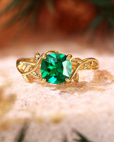 TIVONA Nature Inspired Cushion Cut Emerald Leafy Twist Engagement Ring