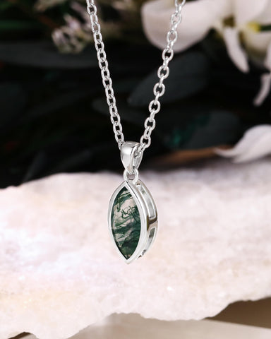 LINNEA Bezel Set Marquise Cut Moss Agate Pendant necklace