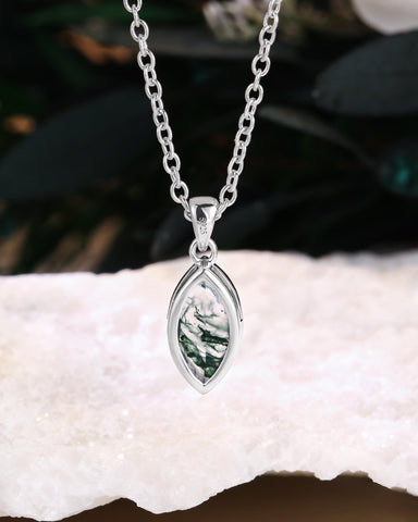 LINNEA Bezel Set Marquise Cut Moss Agate Pendant necklace