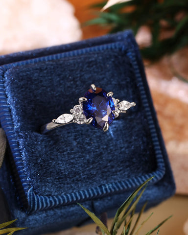 JORA Side Stone Cluster Oval Cut Sapphire Engagement Ring