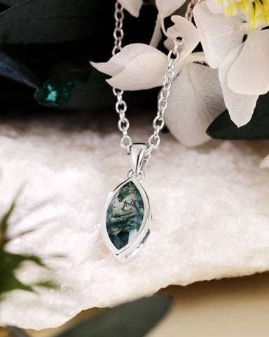 LINNEA Bezel Set Marquise Cut Moss Agate Pendant necklace