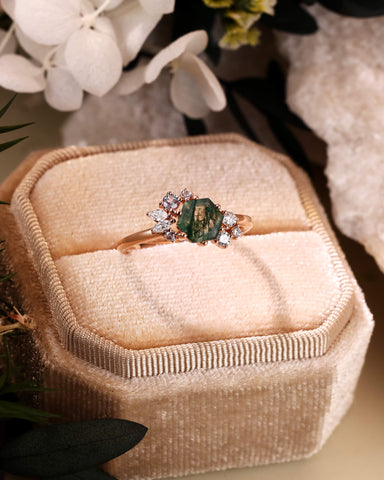 ELEANOR Hexagon Cut Moss Agate Gemstone Cluster Engagement Ring