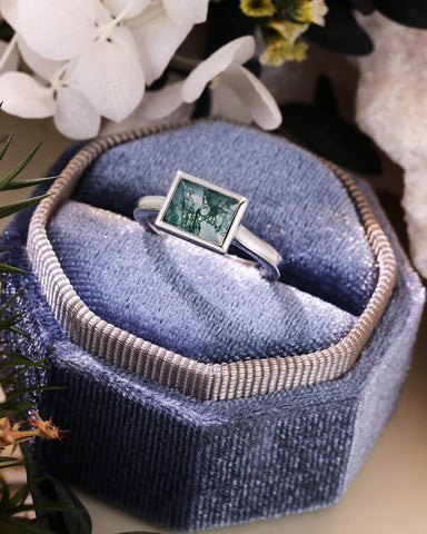 LUFLIN Baguette Shaped Moss Agate Promise Ring Bezel Solitaire Engagement Ring