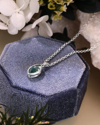 LINNEA Bezel Set Marquise Cut Moss Agate Pendant necklace