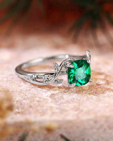 TIVONA Nature Inspired Cushion Cut Emerald Leafy Twist Engagement Ring
