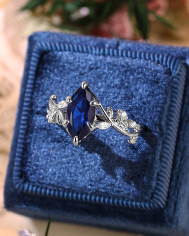 ZARA Nature Inspired Marquise Cut Blue Sapphire Leafy Twist Engagement Ring