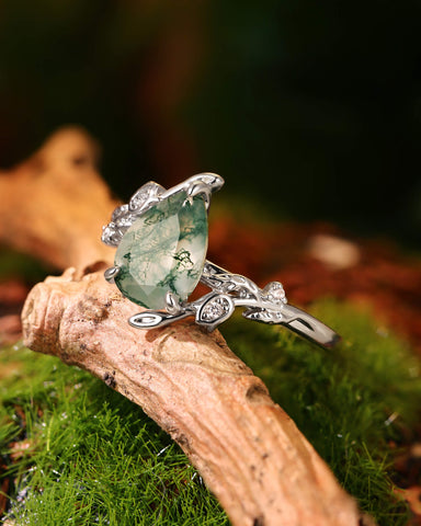 LAVANDE Pear Cut Moss Agate Vine Leafy & Flower Engagement Ring