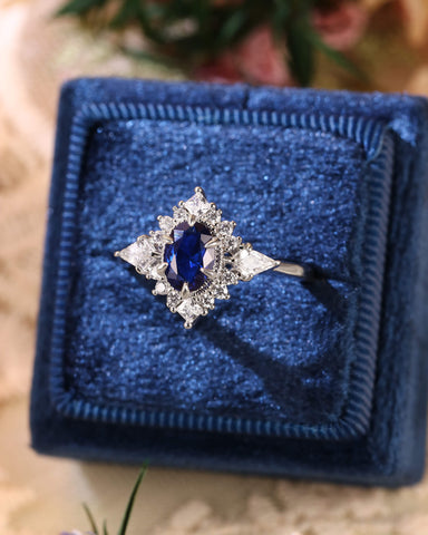 LAPIS Oval Cut Blue Sapphire Vintage Halo Engagement Ring