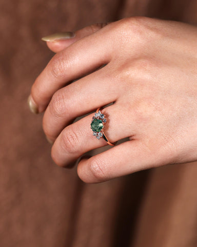 ELEANOR Hexagon Cut Moss Agate Gemstone Cluster Engagement Ring