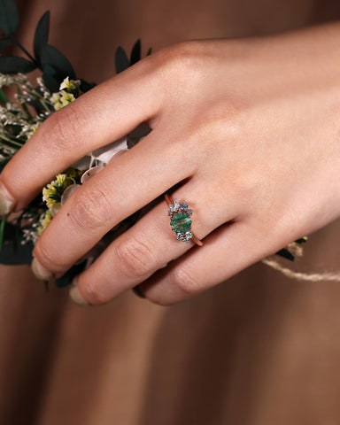 ELEANOR Hexagon Cut Moss Agate Gemstone Cluster Engagement Ring