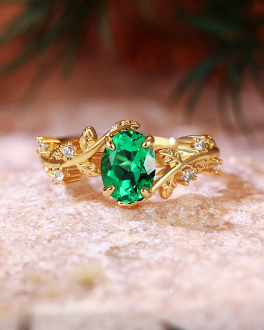 FABIOLA Nature Inspired Oval Cut Emerald Leafy Engagement Ring