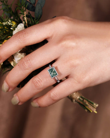 LUFLIN Baguette Shaped Moss Agate Promise Ring Bezel Solitaire Engagement Ring